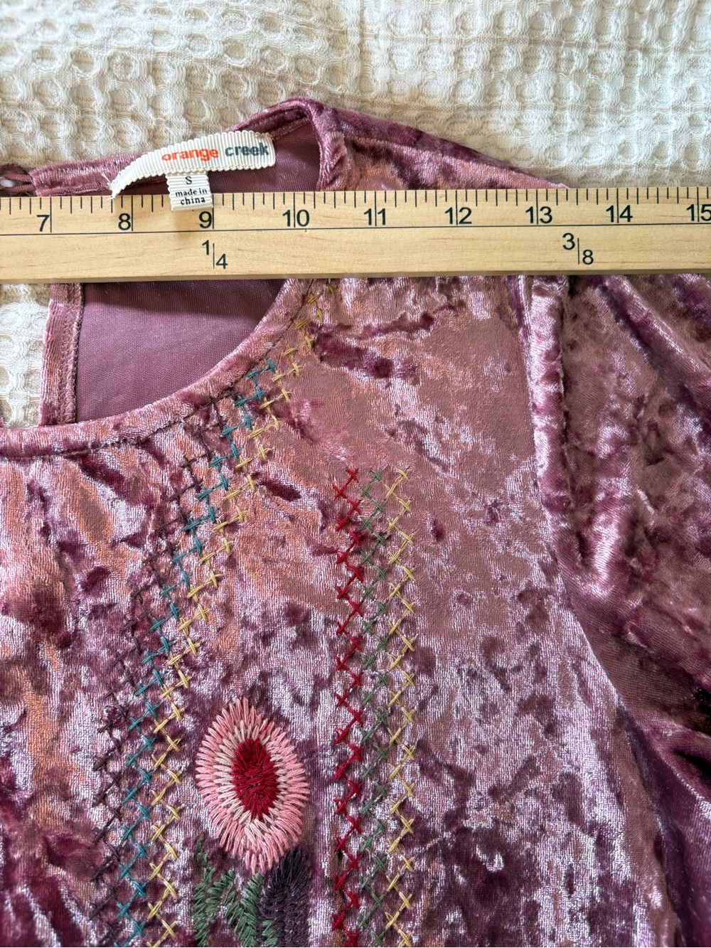 Orange Creek Floral Embroidered Crushed Velvet Dress S Mauve Midi Boho Flapper - Picture 7 of 13